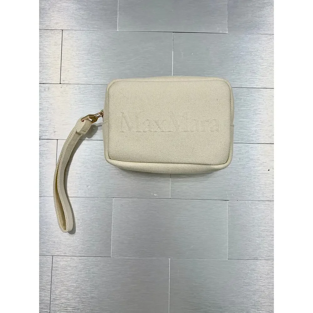 Max Mara Leccio MM Beauty Case Cream Canvas Wristlet Clutch (NWOT)